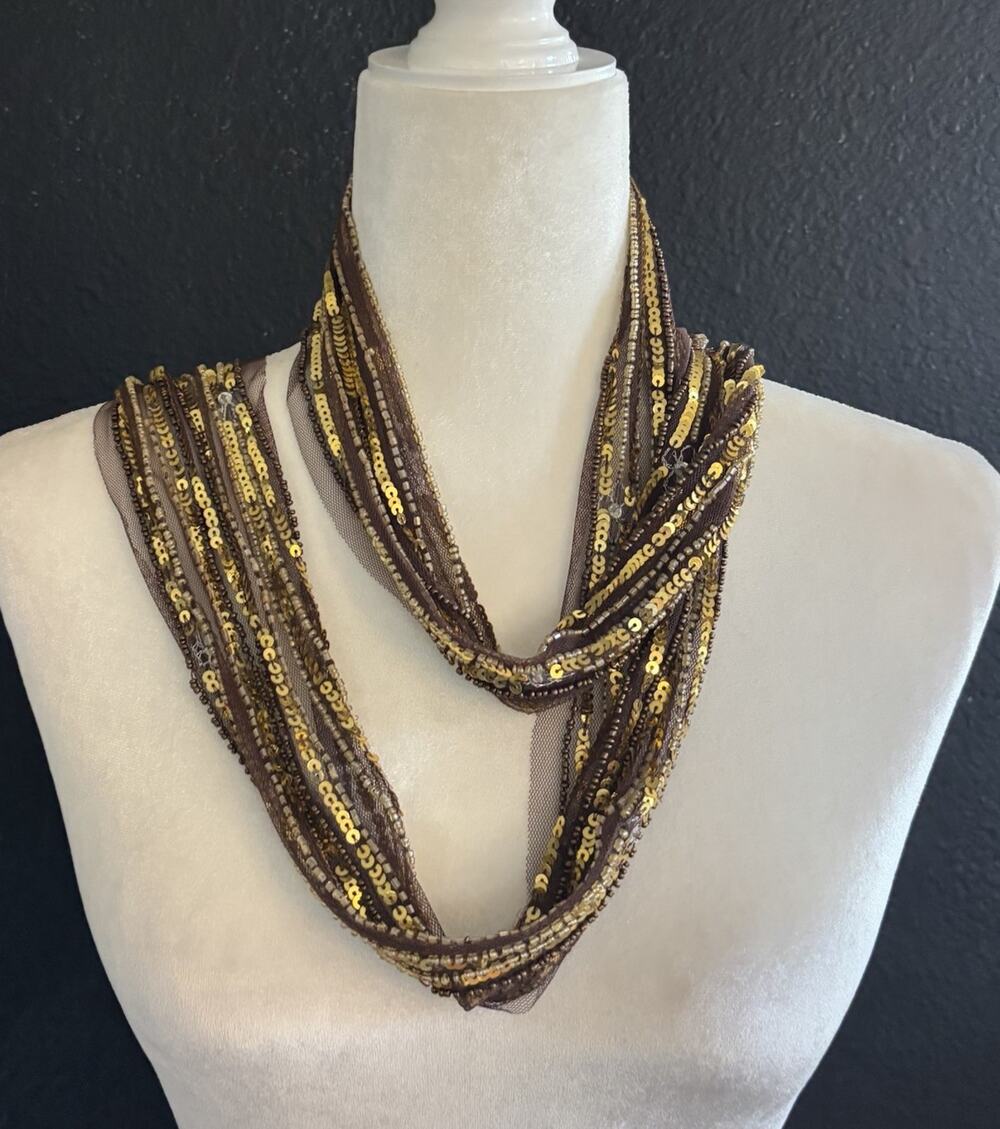 NWT Deadstock Cache Y2K Thin Beaded Sequin Mesh Scarf Brown Gold